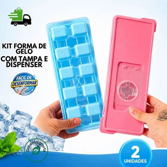 Kit 2 Formas de Gelo Silicone Com Tampa Dispenser Livre BPA Não Dá Cheiro 12 CUBOS Empilhável Silicone