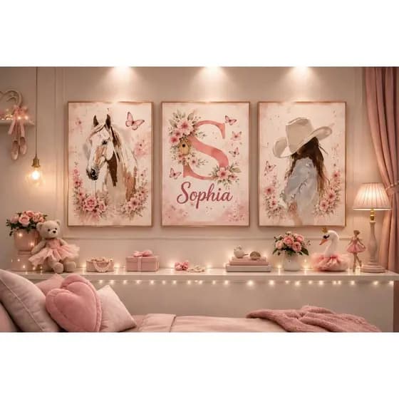 Quadro Para Menina Quarto Infantil Rosa Country Cavalo Flores Kit Decorativo