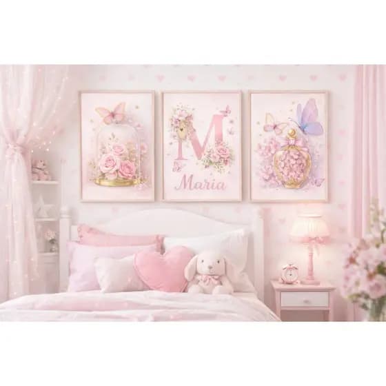 Quadros Infantil 3 Peças Floral Rosa Luxo Decoração Menina