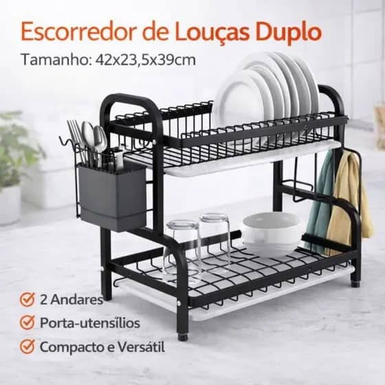 Escorredor de Louça 2 Andares Aço Carbono Preto, Cozinha Escorredor de Louça Escorredor de Pratos,Escorredor de Pia