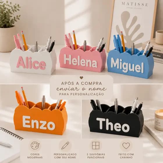 Porta Lápis Personalizado Com Nome Infantil Organizador De Mesa Escolar