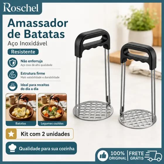 Kit 2 Amassador Batata Inox com Cabo Plastico Preto Prensar Hambúrguer Manual Multiuso Utensílio