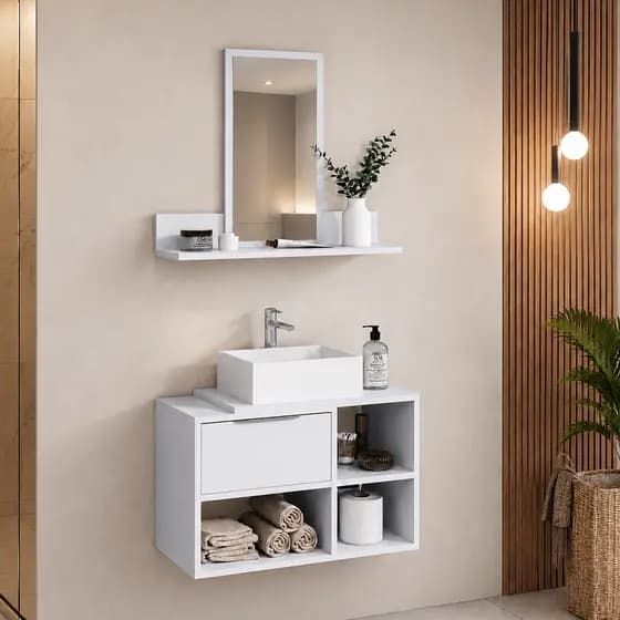 Kit Banheiro Completo Branco – Gabinete Suspenso Moderna e Espelho Decorativo