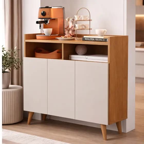 Buffet Aparador Moderno Preto com Pés de Madeira – Armário Decorativo para Sala e Cozinha