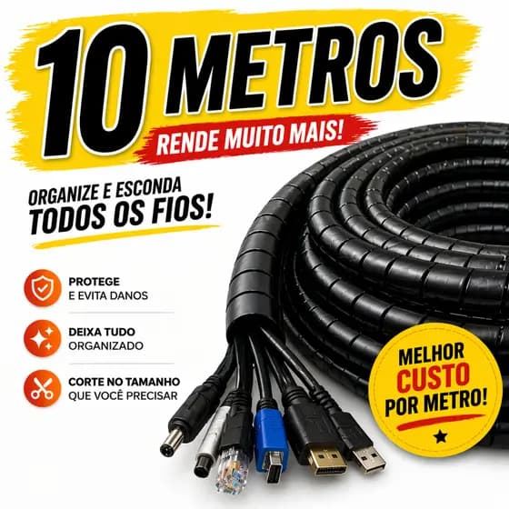 Organizador de Fios 10 Metros 12mm | Espiral para TV, Rack, Home Office, Mesa Gamer e Computador