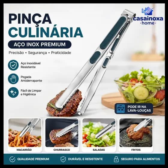 Pinça pegador inox sus304 food grade para churrasco carne salada cozinha multiuso