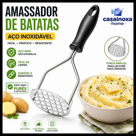 Amassador de Batata Inox com Cabo Colorido Prensa Hambúrguer Manual Utensílio Cozinha Food Grade