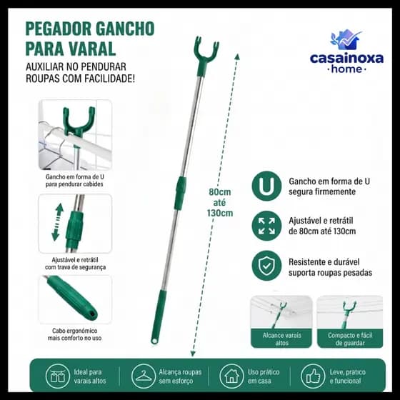 Pegador de Cabide Retrátil Ajustável Gancho para Varal Extensor de Roupas Aço Inox