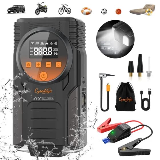 Auxiliar Partida Veicular e Compressor Ar Portatil 26800mAh 150PSI 12V Power Bank Lanterna LED para Carro Moto Bicicleta
