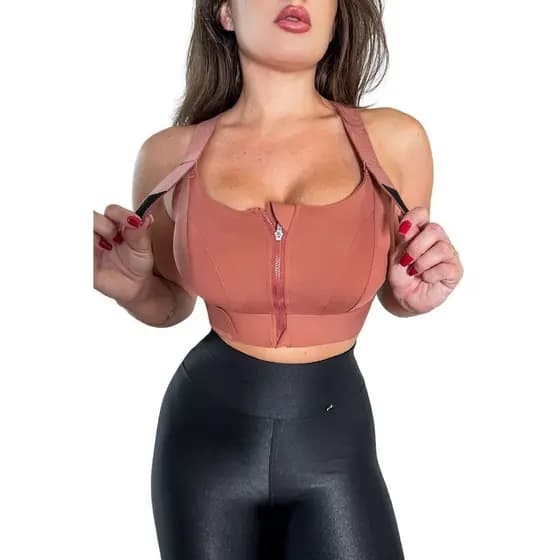 Top Esportivo Alta Sustentação Ajustavel Ziper Frontal Jump Corrida Academia Fitness