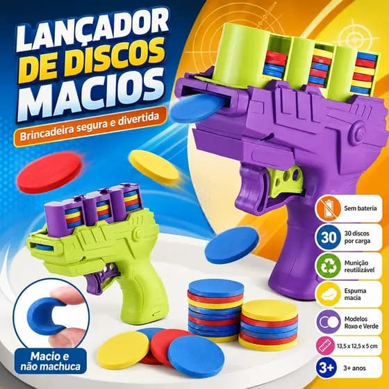Brinquedo Infantil Lançador de Discos Macios com 27 Discos de Espuma Reutilizáveis Jogo de Mira