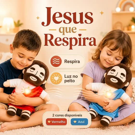 Boneco de Jesus que Respira Pelúcia 38cm com Luz no Coração Presente Infantil Fé e Proteção