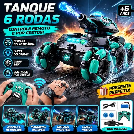 Tanque RC 6 Rodas Infantil Controle Remoto Gestos 360° Luz LED Disparo Água Brinquedo Menino