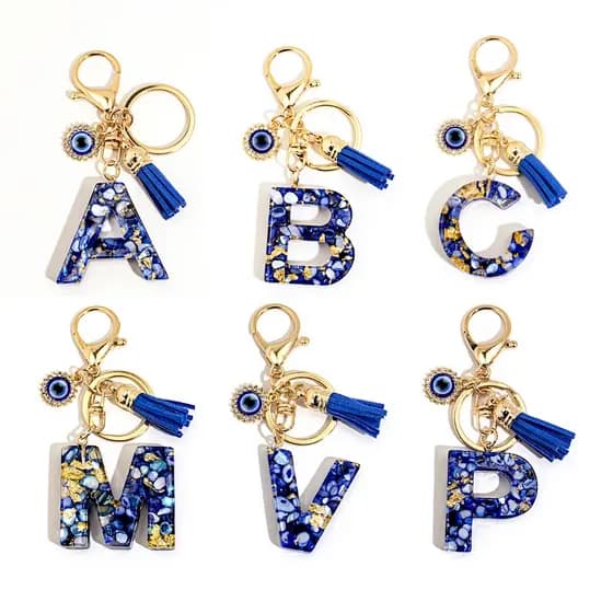 A-Z Resina Recheada Com Lantejoulas De 26Letter Keychain Fashion Blue Tassel Butterfly Pendant Anel Chaveiro Para Mulher