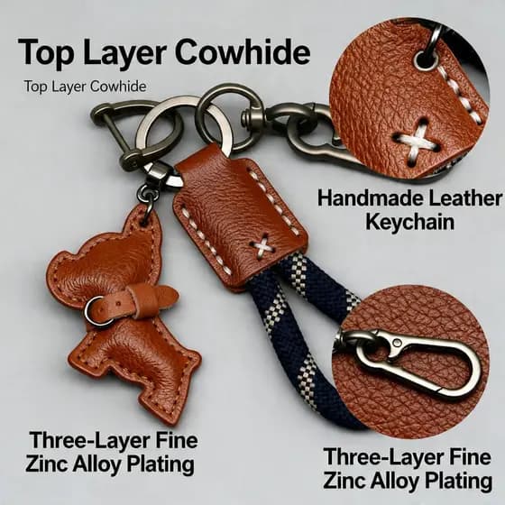 Chaveiro de couro genuíno feito à mão, cordão Anti-perda, pingente de buldogue francês, chaveiro de carro, corda trançad