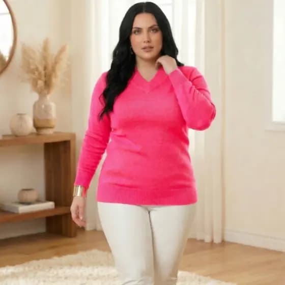 Blusa de Tricô Feminina Plus Size Gola V | Tricô Modal Confortável | Blusa Elegante Feminina | Moda Inverno Feminina