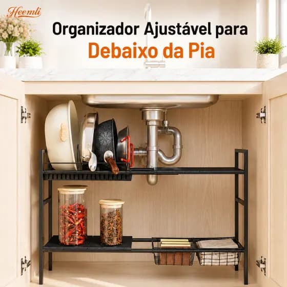 Heemli Prateleira Ajustável para Debaixo da Pia Cozinha Armário Organizador de Panelas