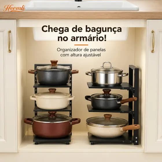 Suporte para Tampas de Panela Heemli 3 Andares Ajustável Aço Carbono Cozinha