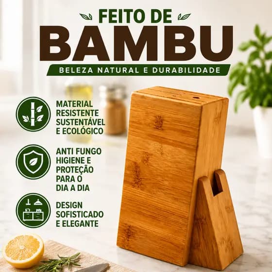 Suporte Organizador para Facas Bambu Faqueiro Cepo 5 Facas Chaira e Tesoura Cozinha Porta Facas
