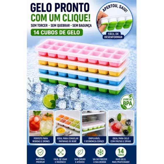 Kit 2 3 4 Formas De Gelo 14 Cubos com Tampa Fundo Flexível Silicone Cores Aleatórias Papinha Drinks