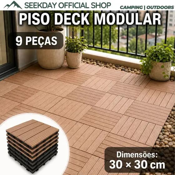 Seekday Kit 9 Piso Modular Deck Plastico 30x30 Encaixe Varanda Jardim Piscina Visual Madeira