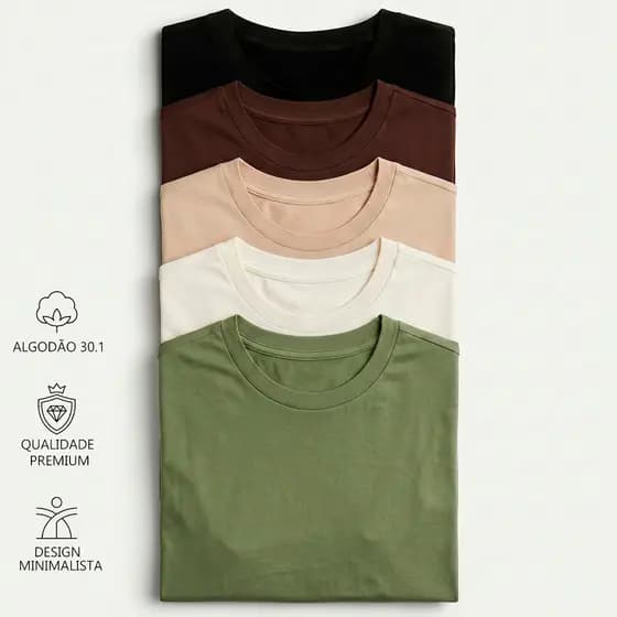 Kit 5 Camisetas Masculinas Premium Algodão 30.1 Gola Redonda Básicas Conforto Casual Diário