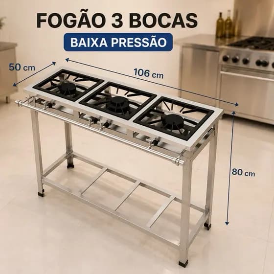 Fogão 3 Bocas Industrial Aço Inox 430 Baixa Pressão Grelha Ferro Fundido 30x30 Perfil 5