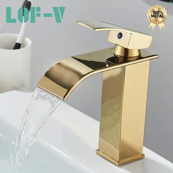 Torneira Cascata 100% Metal Dourada Agua Quente e Fria Monocomando Alta Baixa Banheiro Liga Alumínio
