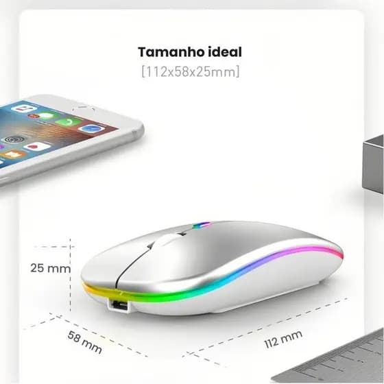 Mouse Sem Fio Banda Dupla 2.4GHz + Bluetooth, Receptor Nano, RGB Recarregável