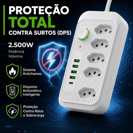 Régua Filtro de Linha com 5 Tomadas Extensão Elétrica 4 USB e 1 USB-C Voltikk