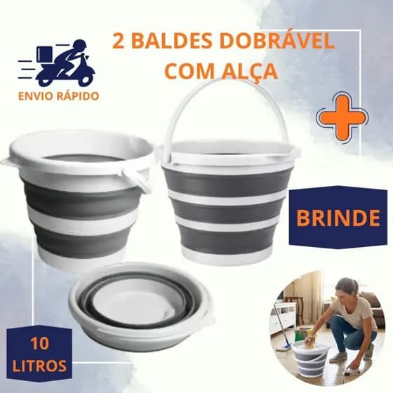 Kit 2 Baldes Limpeza Dobrável Retrátil 10L com Alça Multiuso + Brinde Casa Camping e Viagem