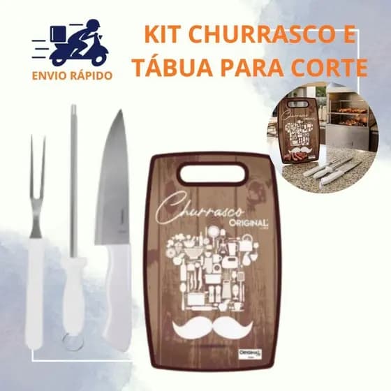 Kit Churrasco 4 Peças Faca Garfo Chaira e Tábua – Ideal para Cortar e Servir Carnes em Casa e Área Gourmet
