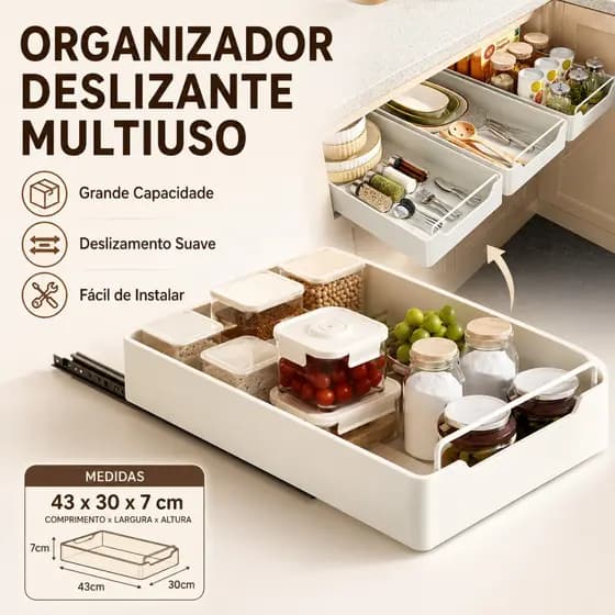 Gaveta Deslizante Extensível 1PC Organizador de Armário Sem Furos – Cesto com Trilho Ajustável para Temperos e Cozinha