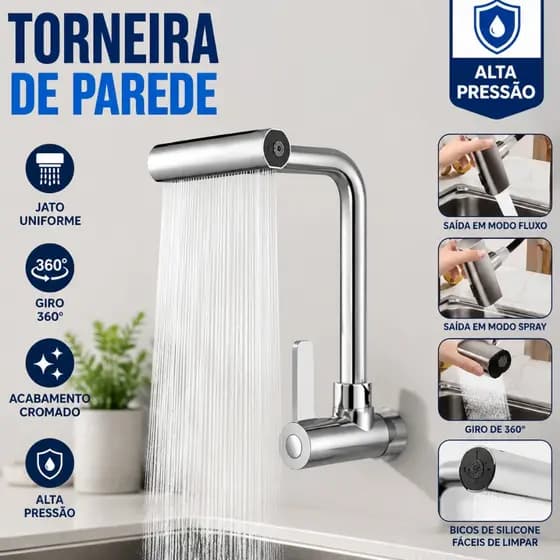 Torneira de Cozinha Gourmet Parede 360° com 4 Modos de Jato Alta Pressão Aço Inox Cromada