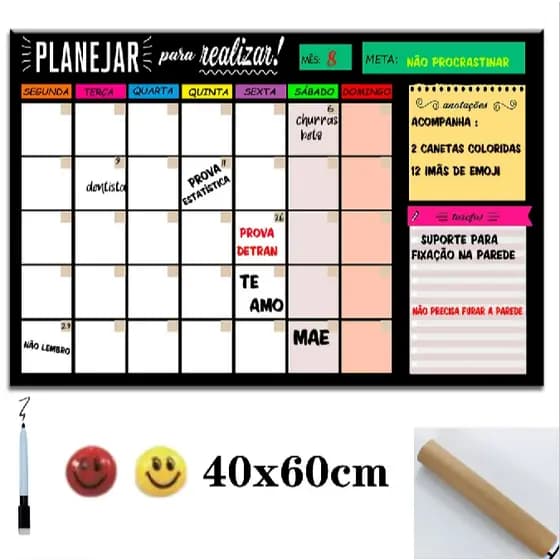 Quadro Lousa Planejador Mensal 40x60cm +2 ímãs e 1 caneta com borracha