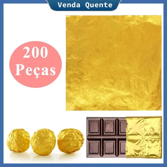 Dourado Papel alumínio alimentício 20x20cm, 200 folhas, para chocolates e bombons, embalagem criativa com DIY