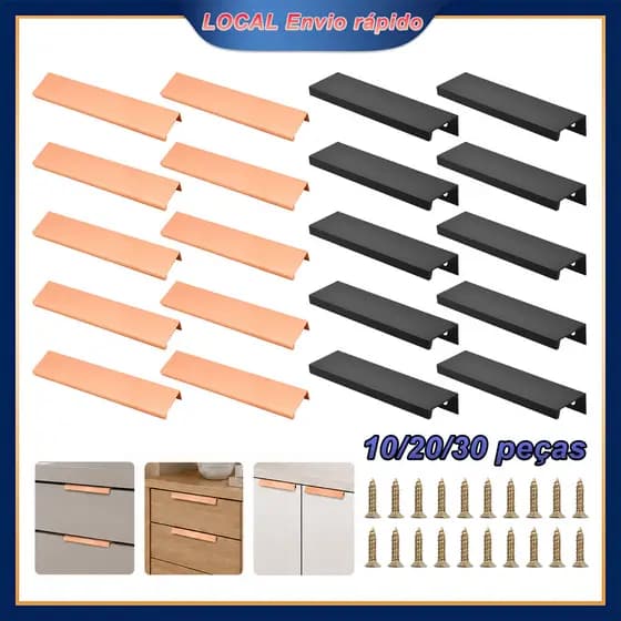 Puxador invisível cozinha preto ou dourado rosé, alumínio, kit 10/20/30 peças gabinete