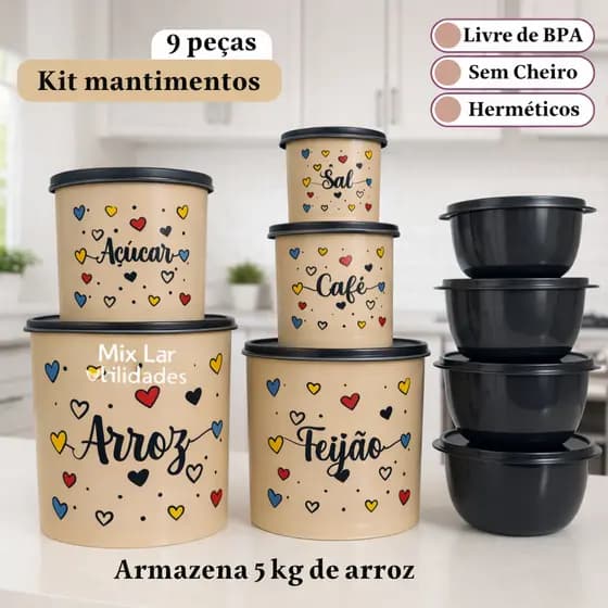 Kit de potes mantimentos para cozinha com 5 peças + 4 potes redondos