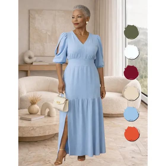 Vestido Longo Plus Size com manga 3/4 Moda Evangélica Forro e Fenda Elegante Elegante Inverno