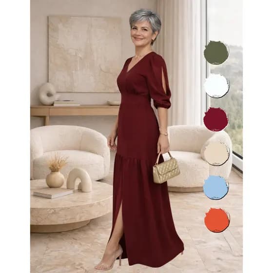 Vestido Longo Feminino Fenda Modesto Plus Size Acinturado Forro Presença Marcante Tecido Fluido Luxo