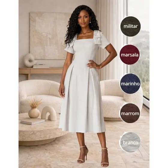 Vestido Midi Evangélico para Culto e Eventos com Caimento Evasê Elegante Modelagem Acinturada
