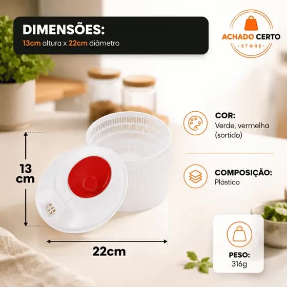 Centrífuga de Salada Manual 4L com Escorredor Seca Folhas Verduras e Legumes Cor Sortida