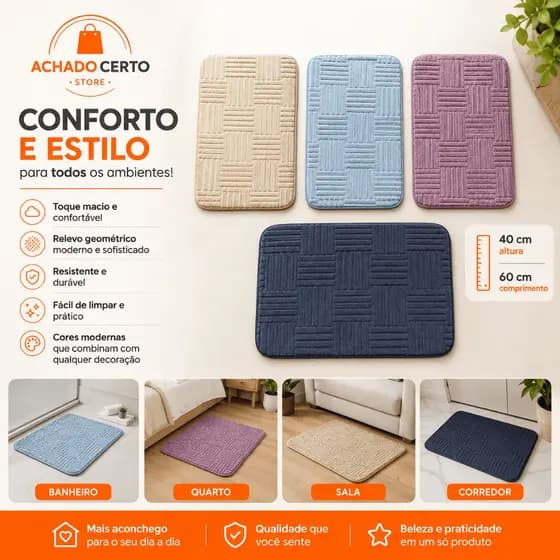 Tapete Banheiro Antiderrapante 40x60 Relevo Geométrico Macio Absorvente Lavável