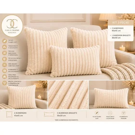 KIT 3 Capas de Almofadas Flanel Luxo 45x45cm Macia Confortável Decorativa Alta Qualidade Elegante Casa