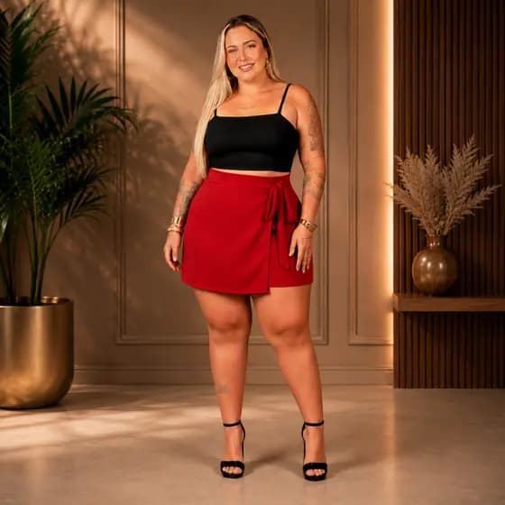 Saia Short Plus Size Feminino Cintura Alta Com ElásticoSaia Short Plus Size Feminino