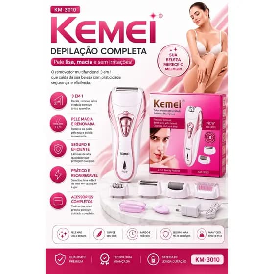 Kemei Depilador 3010 Feminino Elétrico, Barbeador Feminino, Perna Corpo Depilação Depilador KM 3010 Recarregável 3 em 1