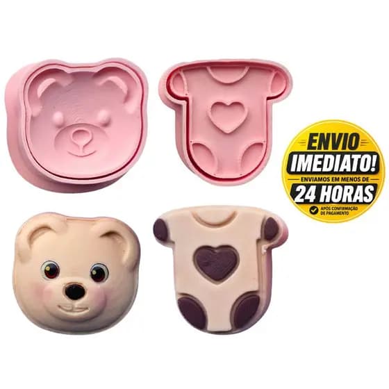 Kit 2 Modeladores Ejetores Urso e Roupinha Bebê para Brigadeiro, Doce, Docinhos, Confeitaria 4 Peças