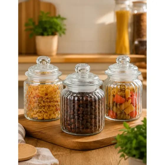 Conjunto Kit 3 Potes Potiche Vidro Hermético Canelado 300ml Para Mantimentos Cozinha Organizador Decoração Despensa