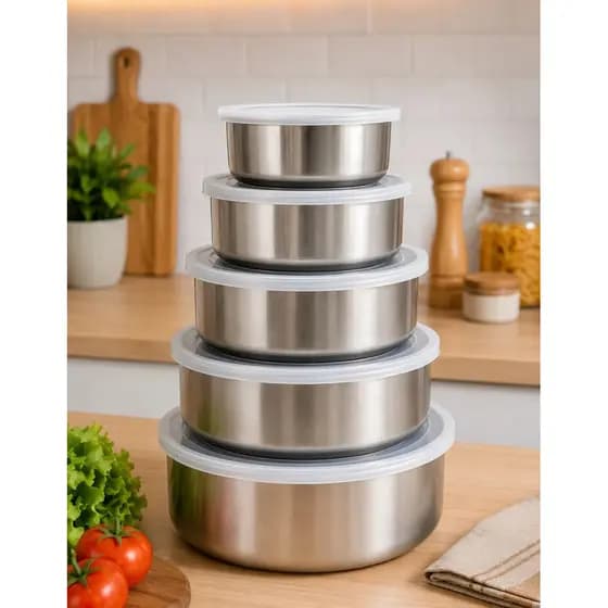 Jogo 5 Tigelas Inox Bowls Potes Tampa Plástica Cozinha