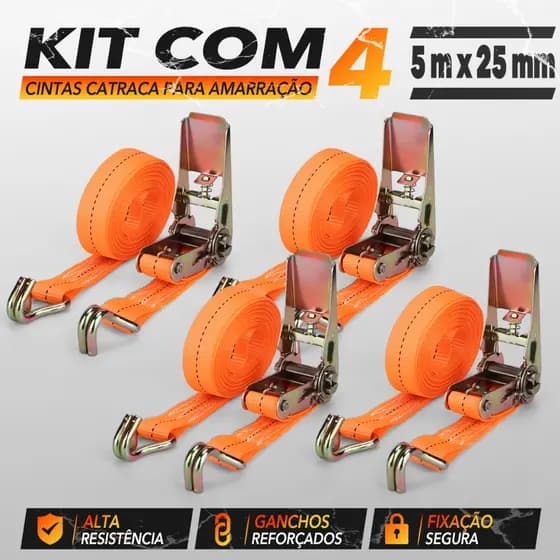 Kit 4 Cinta Catraca 5m x 25mm 1000kg Com Gancho Reforçado Para Amarrar Carga